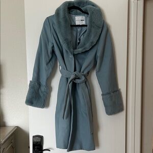 Fashion Nova Blue Faux Fur Trim Coat